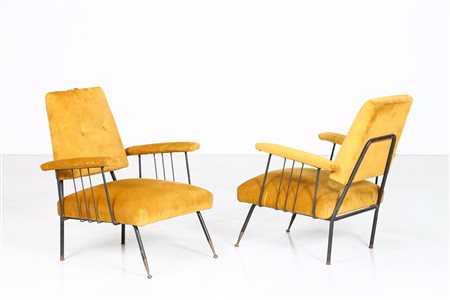 MANIFATTURA ITALIANA Coppia di poltrone. Metallo, tessuto. Cm 66,00 x 80,00 x...