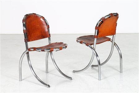 STUDIO TETRARCH Coppia di sedie mod. Medusa. Metallo cromato e cuoio. Cm...