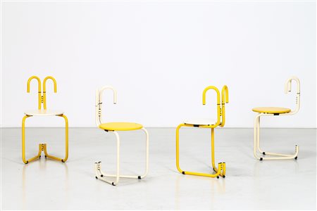 LUCA LEONORI Quattro Sedie mod. Binda. Metallo laccato, legno. Cm 40,50 x...