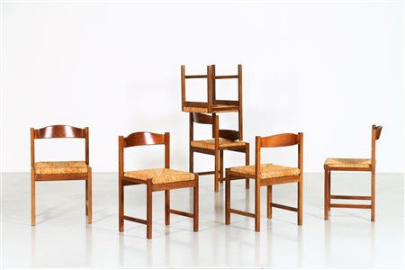 MICHELUCCI GIOVANNI (1891 - 1990) Sei sedie. Legno di noce e paglia. Cm 45,00...