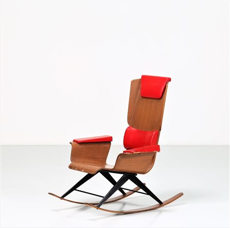 FRATELLI POZZI Poltrona a dondolo mod. Swing. Legno e pelle. Cm 67,00 x 91,00...