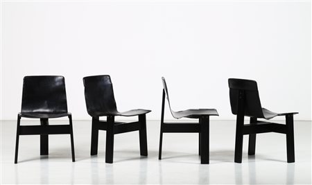 MANGIAROTTI ANGELO (n. 1921) Quattro sedie mod. Tre3. Legno laccato e cuoio....