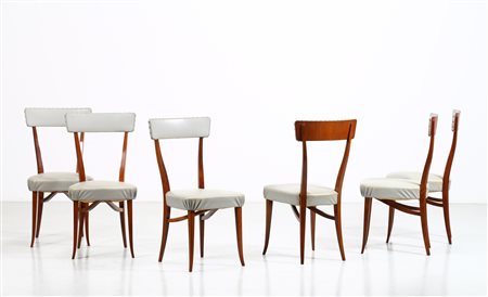 BEGA MELCHIORRE (1898 - 1976) Sei sedie. Legno di noce e skai. Cm 44,00 x...