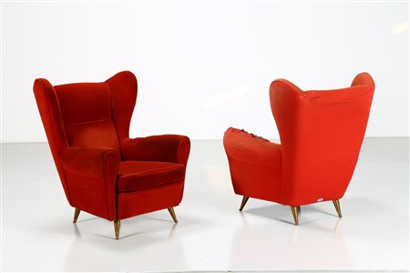 MUNARI FEDERICO Coppia di poltrone. Tessuto, legno e ottone. . Struttura in...