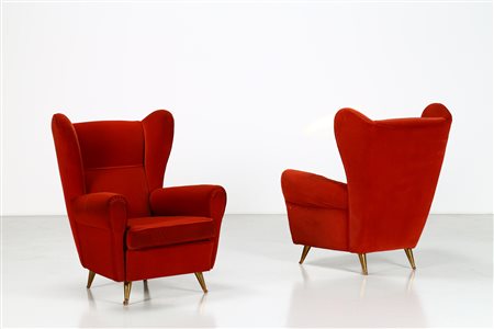 MUNARI FEDERICO Coppia di poltrone. Tessuto, legno e ottone. Cm 75,00 x...