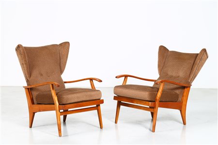 RENZO FRANCHI Coppia di poltrone reclinabili mod. Camea. Legno di ciliegio e...