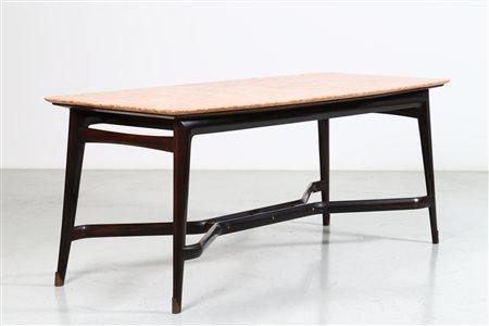 DASSI VITTORIO Tavolo. Legno, ottone e marmo. Cm 192,00 x 80,00 x 89,50....