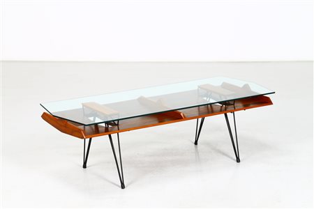 LE OPERE E I GIORNI Tavolino. Vetro, metallo e legno. Cm 130,00 x 37,50 x...