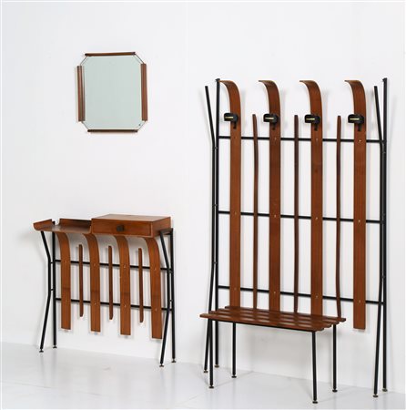CAMPO & GRAFFI Attrib. Appendiabiti, consolle, panca e specchiera. Teak,...