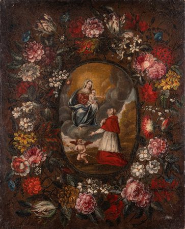 ARTISTA LOMBARDO DEL XVII SECOLO Madonna e San Carlo in una corona di fiori....