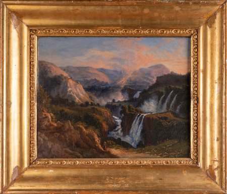 ARTISTA DEL XVIII SECOLO Paesaggio con cascate e viandante. Olio su tela . Cm...