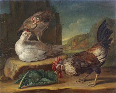 ARTISTA LOMBARDO DEL XVIII SECOLO Gallo e gallina nell'aia. . Olio su tela ....