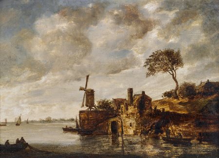 ARTISTA NORDICO DEL XIX SECOLO Paesaggio con pescatori e mulino. Olio su...