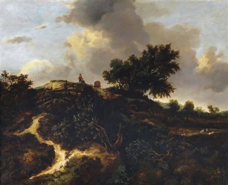 ARTISTA NORDEUROPEO DEL XIX SECOLO Paesaggio con viandanti. Olio su tela . Cm...