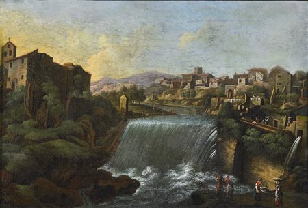 ARTISTA ROMANO DEL XVIII SECOLO Le cascate di Tivoli. Olio su tela . Cm 26,50...