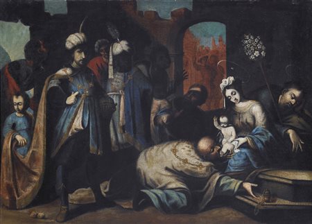 ARTISTA DEL XVII SECOLO Visita dei Re Magi. Olio su tela . Cm 114,50 x 80,00....