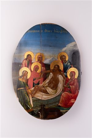 ICONA DEL XIX SECOLO Deposizione di Cristo. Olio su tavola ovale. Cm 33,00 x...