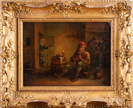 ARTISTA FIAMMINGO DEL XIX SECOLO Scena d'interno con figure. Olio su tavola....