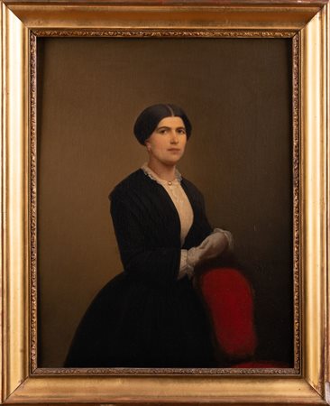 ARTISTA DEL XIX SECOLO Ritratto di donna con guanti. Olio su tela . Cm 35,00...