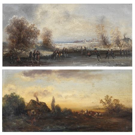 ARTISTA NORDEUROPEO DEL XIX SECOLO Coppia di paesaggi con figure. . Olio su...