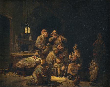 ARTISTA DEL XIX SECOLO Interno con figure. Olio su tela . Cm 22,00 x 17,00. ....