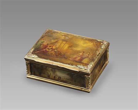 FRANCIA, PERIODO LUIGI XV Scatola in oro con decorazioni in olio su avorio...