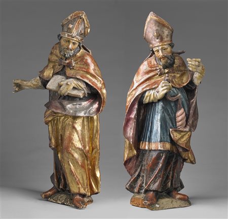 SCULTORE VENETO DEL XVIII SECOLO Coppia di santi vescovi in legno intagliato...