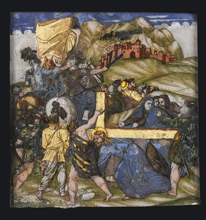 ARTISTA DEL XVII SECOLO Salita al calvario. Olio su vetro. Cm 21,50 x 23,00....