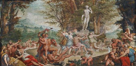 ARTISTA NEOCLASSICO Baccanale. Olio su tavola. Cm 54,00 x 30,80. Cornice...