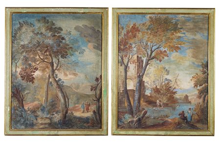 ARTISTA DEL XVIII SECOLO Coppia di paesaggi con figure. Tempera su tela. Cm...