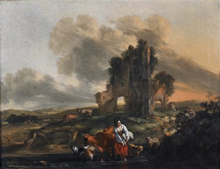 ARTISTA DEL XVII SECOLO Paesaggio con armenti, rovine e figura. . Olio su...