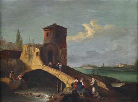 ARTISTA VENETO DEL XVIII SECOLO Paesaggio con ponte e viandanti. Olio su...