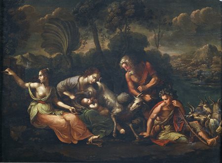 ARTISTA DEL XVI SECOLO Giove allattata dalla capra Amaltea. Olio su tavola....