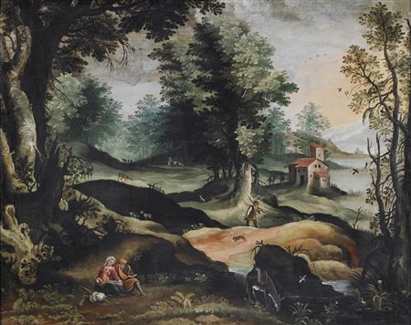 ARTISTA NORDICO DEL XVII SECOLO Paesaggio con scena della fuga in Egitto....