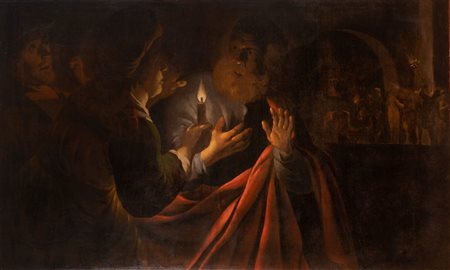 ARTISTA NORDICO DEL XVII SECOLO La negazione di San Pietro. . Olio su tela ....