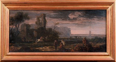 ARTISTA STRANIERO OPERANTE A ROMA NEL XVII SECOLO Paesaggio al tramonto con...