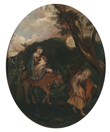 BISCAINO BARTOLOMEO (1629 - 1657) Attribuito a. Fuga in Egitto. Olio su tela...