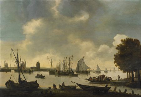 ARTISTA FIAMMINGO DEL XVIII SECOLO Marina con barche e personaggi. . Olio su...