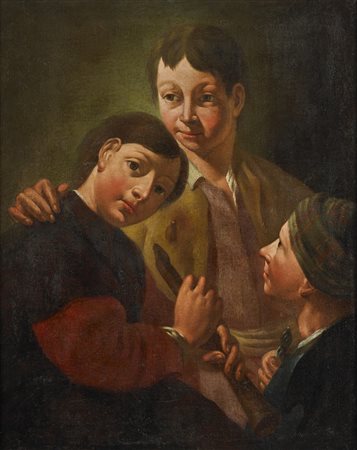 ARTISTA DEL XVIII SECOLO Tre giovani suonatori. Olio su tela . Cm 90,00 x...
