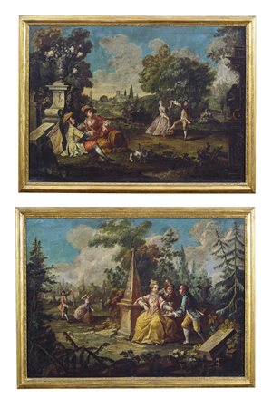 ARTISTA VENETO DEL XVIII SECOLO Coppia di paesaggi con scene galanti. . Olio...