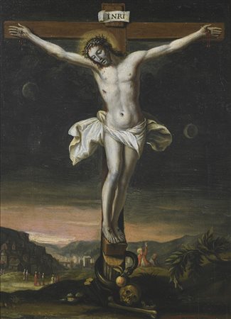 ARTISTA TOSCANO DEL XVII SECOLO Crocefissione. . Olio su tavola. Cm 25,00 x...