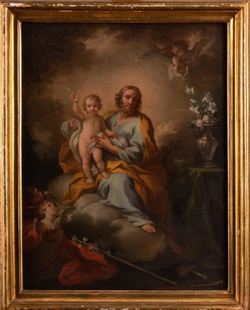 ARTISTA ROMANO DEL XVIII SECOLO San Giuseppe col Bambino e angeli. Olio su...