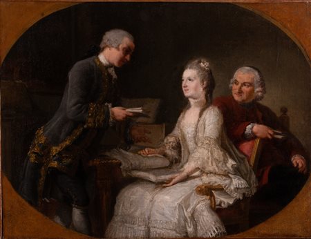 ARTISTA FRANCESE DEL XVIII SECOLO La consegna della lettera. Olio su tela ....
