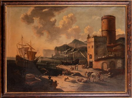 ARTISTA ROMANO DEL XVIII SECOLO Porto con barche e personaggi. Olio su tela ....