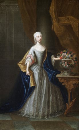 ARTISTA VENEZIANO DEL XVIII SECOLO Donna con vaso di fiori. Olio su tela . Cm...