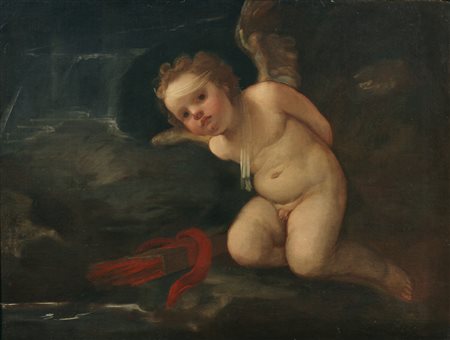 ARTISTA BOLOGNESE DEL XVII SECOLO Cupido legato. Olio su tela . Cm 73,00 x...