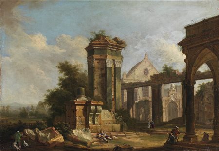 ARTISTA DEL XVIII SECOLO Capriccio architettonico con figure. Olio su tela ....