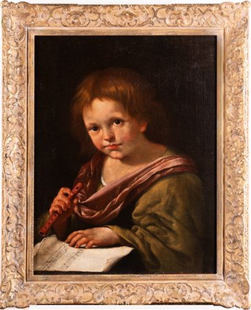 ARTISTA DEL XVIII SECOLO Ritratto di Bimbo con flauto e spartito. . Olio su...