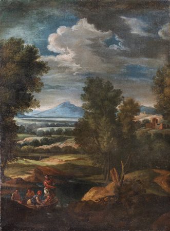 ARTISTA CARRACCESCO DEL XVII SECOLO Paesaggio con pescatori. . Olio su tela ....