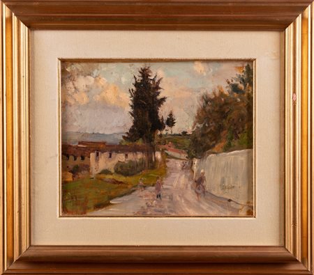 CIANI CESARE (1854 - 1921) Via di paese con figure. Olio su tela . Cm 29,50 x...